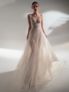 Sparkle A-line wedding dress with spaghetti straps, available in nude-ivory, ivory