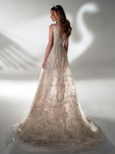 Sparkly A-line wedding dress with V-neckline, available in cream-nude, cream