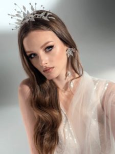 Sparkly A-line wedding dress with V-neckline, available in cream-nude, cream