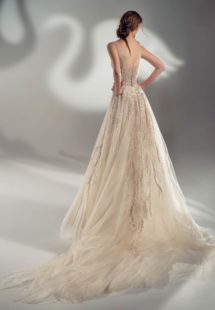 Style #2135, off the shoulder ball gown wedding dress with beaded embroidery, available in cream-nude, cream