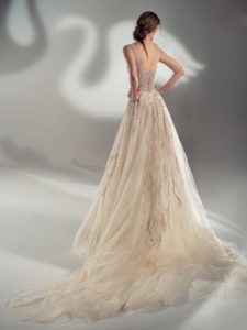 Off-the-shoulder ball gown wedding dress with beaded embroidery, available in cream-nude, cream