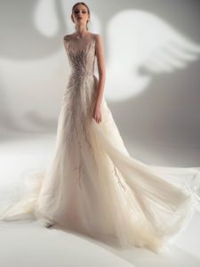 Off-the-shoulder ball gown wedding dress with beaded embroidery, available in cream-nude, cream
