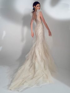 Sparkly fit and flare wedding dress with textured skirt, available in cream-nude, cream