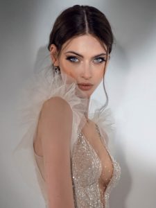 Sparkly fit and flare wedding dress with textured skirt, available in cream-nude, cream