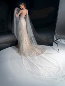 Beaded lace sheath wedding dress with sweetheart neckline, available in cream-nude, cream