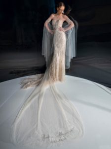 Beaded lace sheath wedding dress with sweetheart neckline, available in cream-nude, cream
