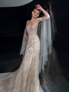 Beaded lace sheath wedding dress with sweetheart neckline, available in cream-nude, cream
