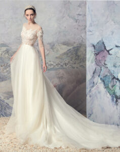 3/4 sleeve A-line wedding dress with lace top and simple tulle skirt