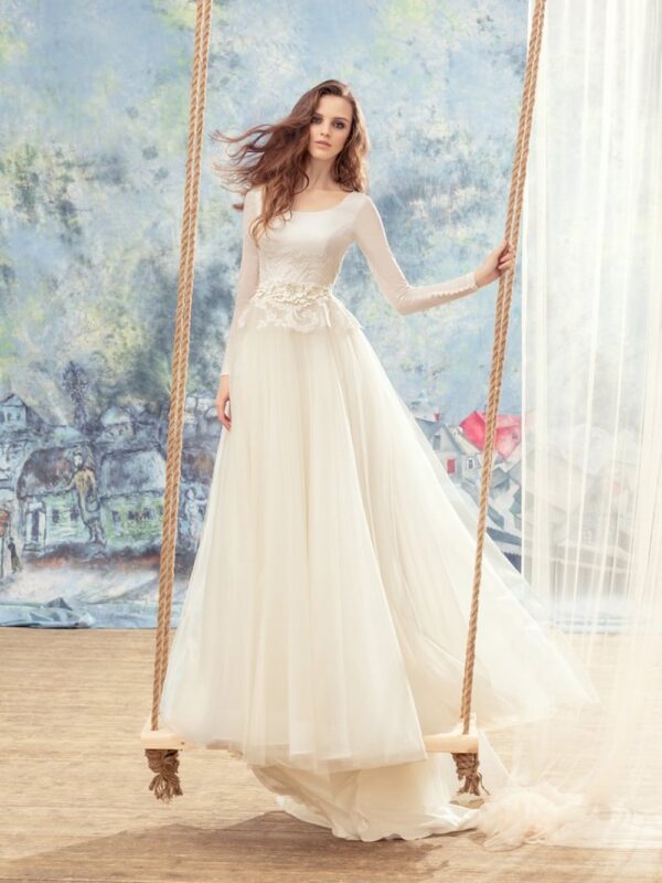 Long sleeve ball gown wedding dress with peplum style bodice