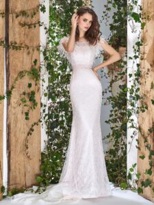 Lace fit and flare wedding dress with off the shoulder neckline and feather decor