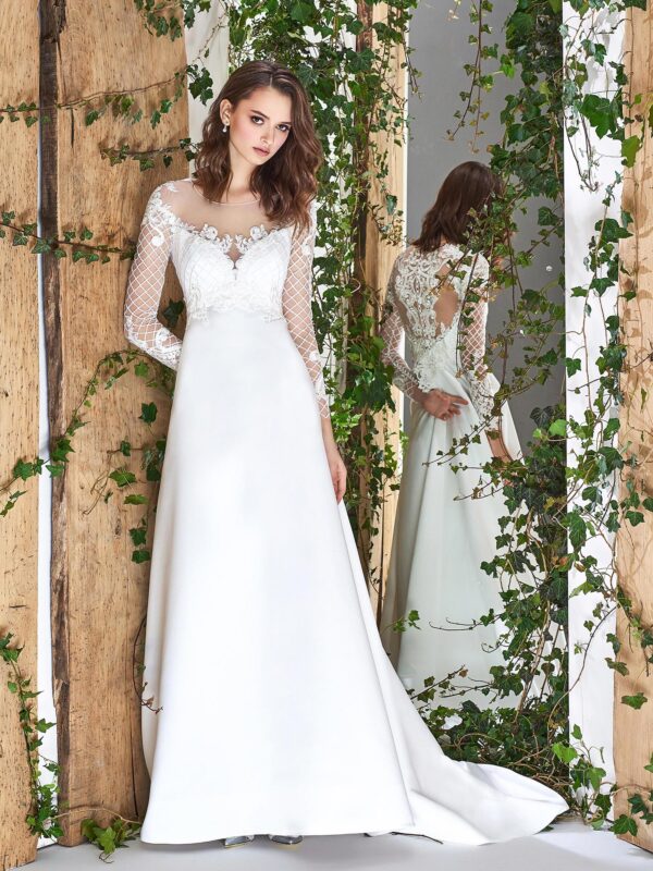 Satin A-line wedding dress with long sleeves
