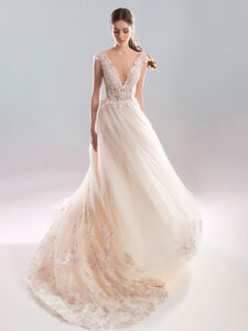 A-line wedding dress with plunging neckline , open back and pink lace decor