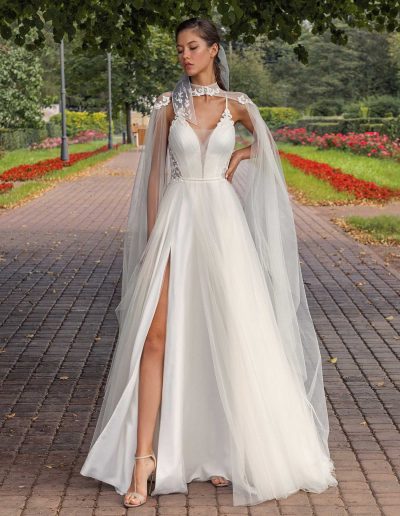 Spaghetti-strap A-line wedding dress with detachable cape