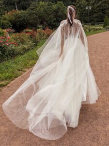Spaghetti-strap A-line wedding dress with detachable cape
