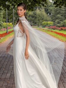 Spaghetti-strap A-line wedding dress with detachable cape