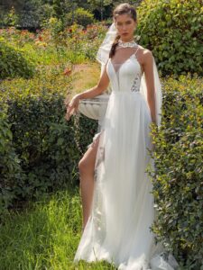 Spaghetti-strap A-line wedding dress with detachable cape