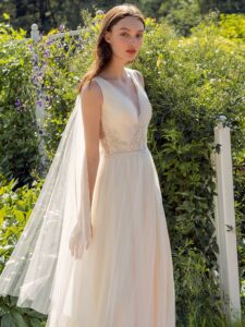 Dark ivory V-neck A-line wedding dress with removable cape sleeves