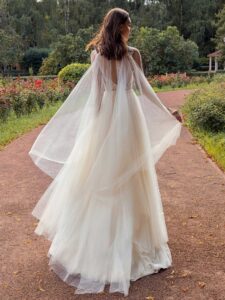 Dark ivory V-neck A-line wedding dress with removable cape sleeves