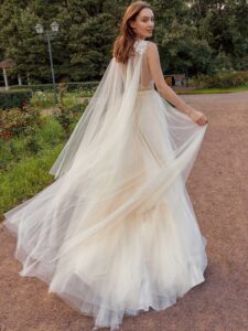 Dark ivory V-neck A-line wedding dress with removable cape sleeves