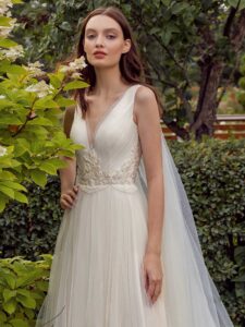 Dark ivory V-neck A-line wedding dress with removable cape sleeves