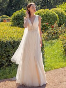 Dark ivory V-neck A-line wedding dress with removable cape sleeves