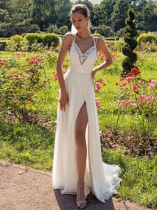Spaghetti-strap sheath wedding dress with slit on the skirt and open back