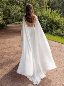 Chiffon sheath wedding dress with cape sleeves