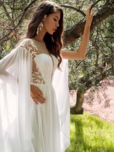 Chiffon sheath wedding dress with cape sleeves