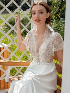 Cap sleeve sheath wedding dress with lace top and chiffon skirt