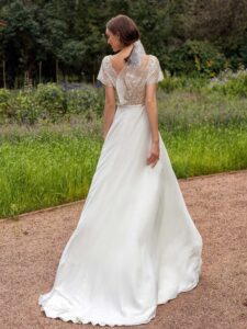 Cap sleeve sheath wedding dress with lace top and chiffon skirt
