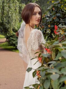 Cap sleeve sheath wedding dress with lace top and chiffon skirt