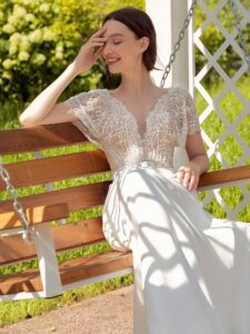 Cap sleeve sheath wedding dress with lace top and chiffon skirt
