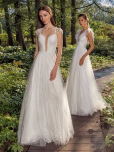 Shimmering lace A-line wedding dress with beaded shoulders and Glitter tulle A-line wedding dress with ruffled cap sleeves and open back