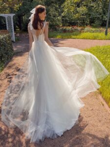 Spaghetti double strap A-line wedding dress with lace top