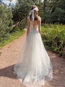 Spaghetti double strap A-line wedding dress with lace top