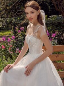 Spaghetti double strap A-line wedding dress with lace top