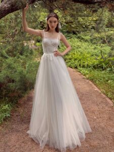Spaghetti double strap A-line wedding dress with lace top