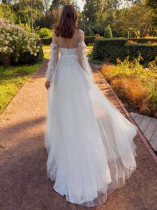 Tulle A-line wedding dress with floral sleeves
