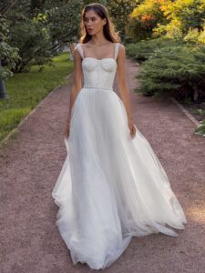 Bustier style A-line wedding dress with pearl waistline