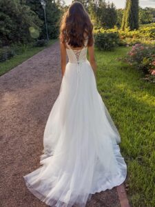 Bustier style A-line wedding dress with pearl waistline