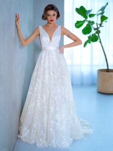 Style #2206L, ball gown wedding dress with floral lace skirt and atlas top, available in ivory