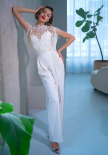 Style #2221-8, wide leg bridal jumpsuit with crochet lace top, available in ivory