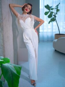 Wide leg bridal jumpsuit with crochet lace top