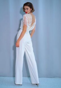 Style #2221-8, wide leg bridal jumpsuit with crochet lace top, available in ivory