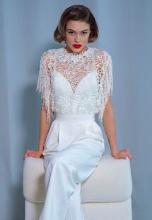 Style #2221-8, wide leg bridal jumpsuit with crochet lace top, available in ivory