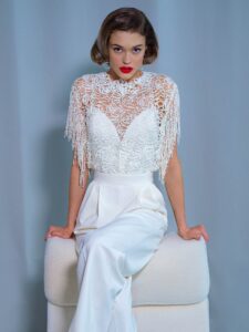 Wide leg bridal jumpsuit with crochet lace top