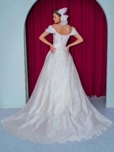 Organza ball gown with off the shoulder straps and floral decor