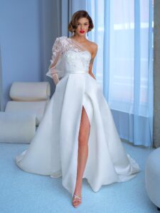 One-sleeve ball gown wedding dress with high slit and pockets