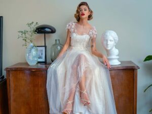 A-line wedding dress with 3D floral decor and sequinned floral lace layer