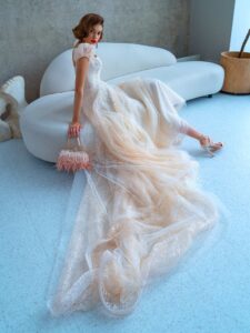 Floral lace A-line wedding dress with cap sleeves and square neckline top